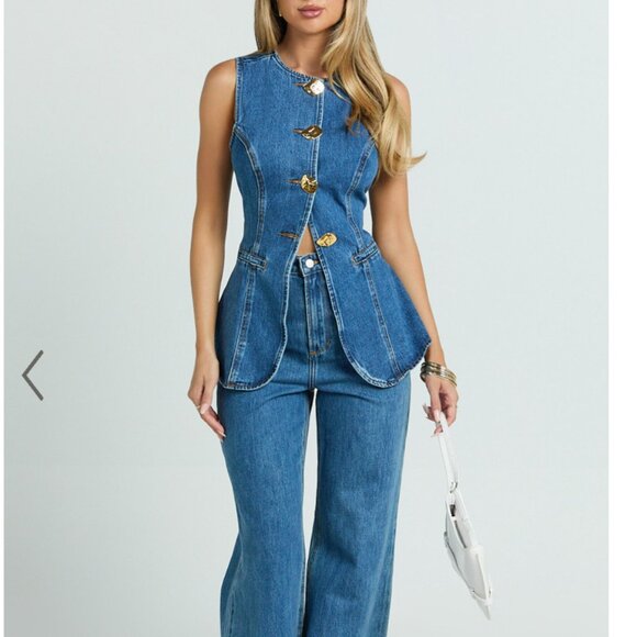 Rhianna Top - Detailed Button Down Longline Recycled Denim Vest Top in Dark Blue - Picture 2 of 4